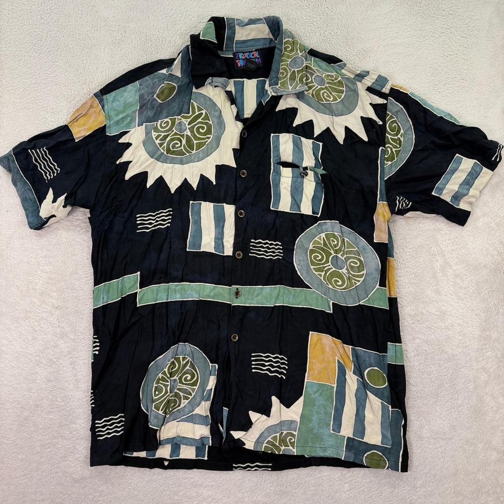 Tropical Tantrum Mens XL Button Up Shirt Hawaii Black Abstract Rayon Aloha Retro